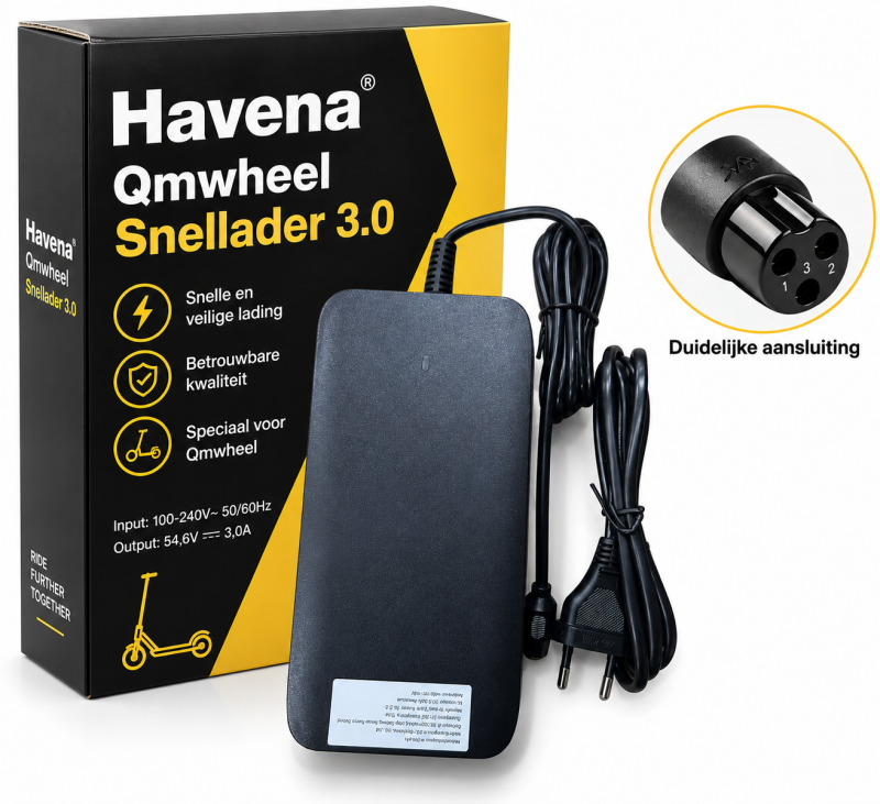 Qmwheel snellader 3.0 – oplader met 3-pins aansluiting, zwart