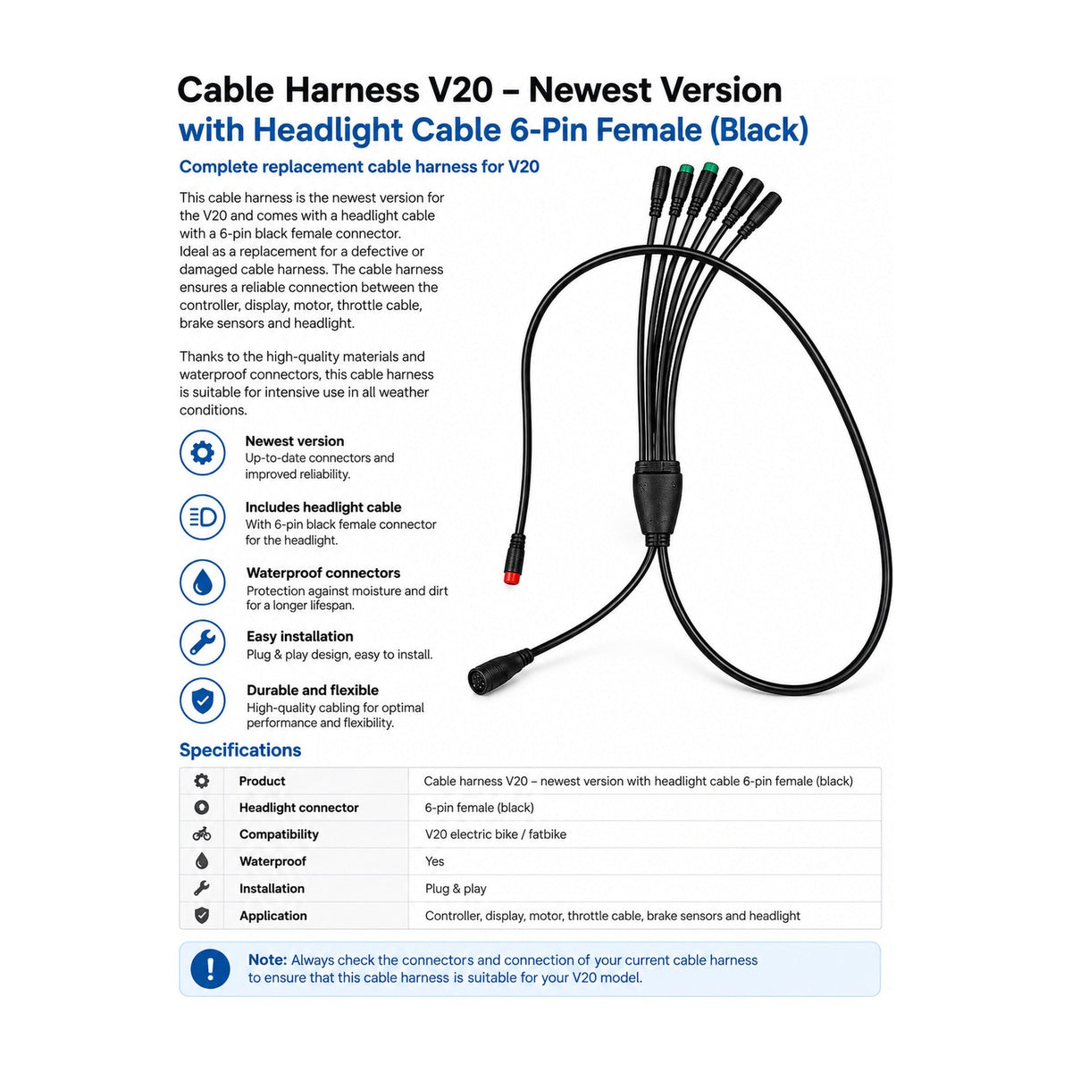 Qmwheel V20 kabelboom nieuwste versie – 6-pins koplampstekker